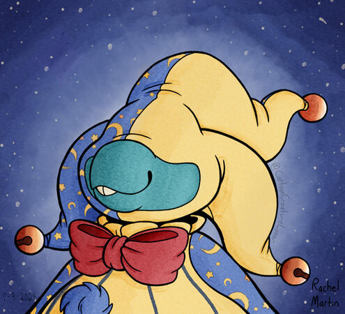 A digital watercolor-like half-body illustration of Lund’Ore Satie, a fat, moon jester creature with teal skin, a red bow-tie, & a blue & yellow jester outfit that covers his eyes; the blue pieces of the outfit feature moon & star patterning on them.