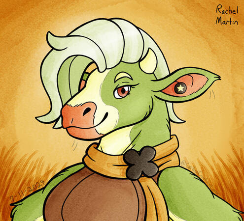 A digital watercolor-like bust illustration of Bric a Brac, a green anthropomorphic cow with a yellow scarf & starry ear accessories. She's smiling on a yellow background, tall yellow grass can be seen behind her, framing her.