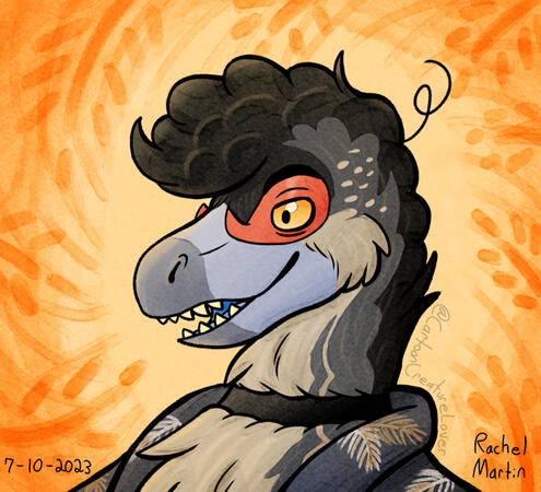 A digital bust illustration of Jasper, a butch, anthropomorphic, Albertosaurus, on a leafy yellow-orange background.