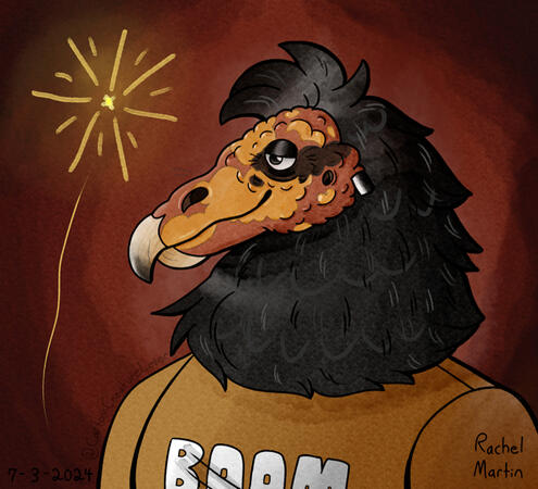 A digital watercolor-like bust illustration of Firecracker, an anthropomorphic Black & Lesser yellow-faced vulture hybrid on a dark & blood red background. Her deep yellow shirt reads "BOOM" in all caps while a yellow firework can be seen exploding.