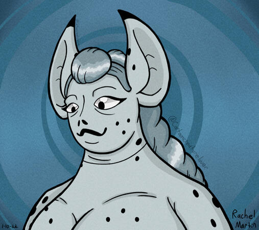 A digital, bust, illustration of Deidra Quinn, a dullahan woman with speckled skin, a dutch mohawk braid, & tall bat-like ears on a simple, darker blue-teal background.