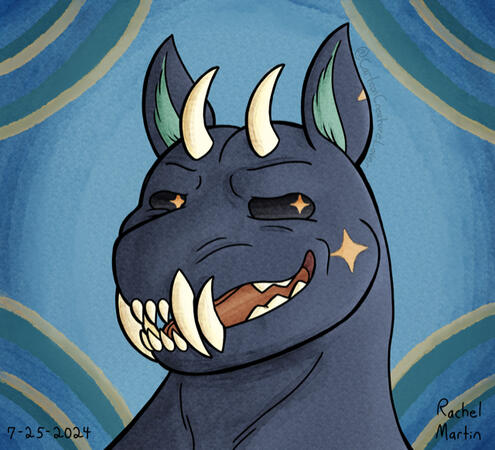 A digital head-shot illustration of Jay, a navy blue creature with sharp exposed teeth, horns, & four pointed stars on a blue background with multi-color stripes framing them.