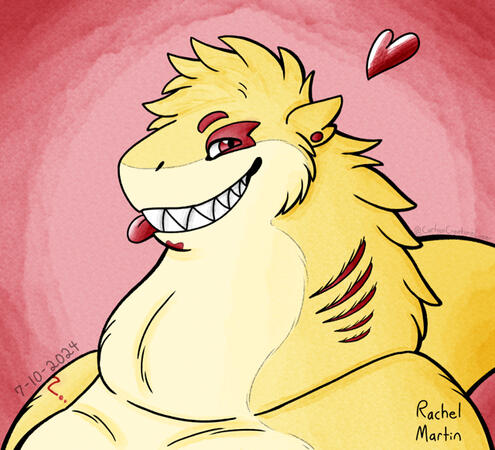 A digital watercolor-like bust illustration of Lychee/Lemon, a fluffy, yellow, anthropomorphic shark with red eyes, tongue, gills, & tattoos or markings. He's smiling with his tongue sticking out on a pink background, a red heart floats above his head.