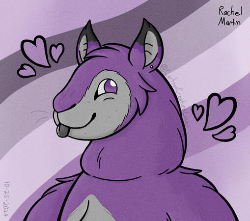 A digital art, bust illustration of Creature; a living costume that looks like an anthropomorphic hybrid of a sheep, horse, dog, & troll, colored with the asexual pride flag’s color scheme.