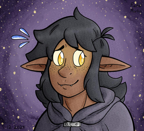 A digital watercolor-like head-shot illustration of Vector, a darker skinned elf-like boy with glowing yellow eyes, freckles, & pointed teeth. He's anxiously smiling on a purple & yellow, starry night background.