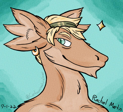 A digital head-shot illustration of Astanos, a furred creature with blonde hair & multiple ears on a light turquoise background.