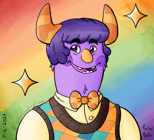 A digital watercolor-like bust illustration of Ziggy Zeecatcher, a purple monster puppet with an orange nose, horns, & bowtie on a soft rainbow background. Two golden sparkle stars float around their head as they look to the left with a toothy smile.