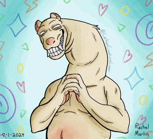 A digital watercolor-like half-body illustration of Francis, a creme-colored anthropomorphic dog-like monster on a soft turquoise background with a colorful crayon-scribble pattern surrounding him. He smiles with his head tilted to the side.