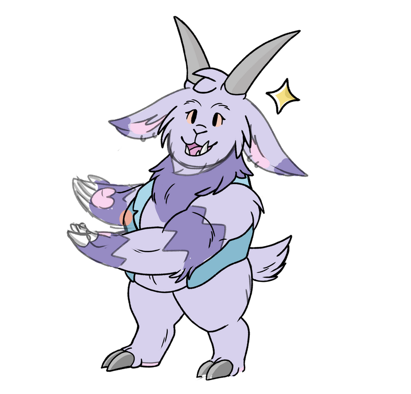 A digital drawing of Bentley, a soft purple colored anthropomorphic goat-like monster with tall grey horns & a turquoise vest, happily gesturing to the art gallery on our left; on thinner screens, the gallery is above him instead, he looks silly for this.